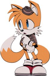 Rule 34 | 1boy, animal ears, animal nose, blue eyes, body fur, brown capelet, brown hat, capelet, child, digimin, fedora, fox boy, fox ears, fox tail, full body, furry, furry male, gloves, hand on own chin, hand up, hat, looking to the side, male focus, mini hat, multiple tails, non-web source, official art, open mouth, plaid capelet, red footwear, shoes, simple background, socks, solo, sonic (series), standing, stroking own chin, tail, tails (sonic), the murder of sonic the hedgehog, thinking, transparent background, two-tone fur, two tails, white fur, white gloves, white socks, yellow fur