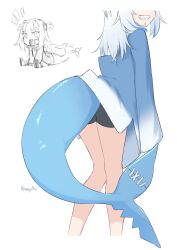 Rule 34 | 1girl, absurdres, artist name, black shorts, blue hair, blue hoodie, chibi, chibi inset, commentary, cropped legs, english commentary, facing back, facing viewer, feet out of frame, fins, fish tail, from behind, gawr gura, gawr gura (1st costume), grey hair, grin, head out of frame, highres, hololive, hololive english, hood, hoodie, kraeyan, long hair, long sleeves, multicolored hair, shark girl, shark tail, sharp teeth, shorts, sidelocks, simple background, smile, solo, standing, streaked hair, tail, tail under clothes, teeth, virtual youtuber, white background