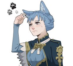 Rule 34 | 1girl, animal ear fluff, animal ears, black eyes, blue capelet, blue dress, blue hair, blush, braid, breasts, capelet, closed mouth, crown braid, dress, epaulettes, fire emblem, fire emblem: three houses, francisco mon, hand on own ear, highres, lips, lipstick, long sleeves, makeup, marianne von edmund, nintendo, ribbon, short hair, signature, simple background, solo, sweatdrop, touching ears, white background, white ribbon, wolf ears