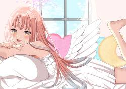Rule 34 | 1girl, absurdres, angel wings, blue archive, blush, commentary request, feathered wings, halo, highres, hinota (hkgskd), long hair, looking at viewer, lying, mika (blue archive), on stomach, open mouth, pink hair, pink halo, smile, solo, white wings, wings, yellow eyes