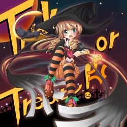 Rule 34 | 1girl, anger vein, cat, halloween, hat, jack-o&#039;-lantern, makino (ukiuo), original, pumpkin, solo, striped clothes, striped thighhighs, thighhighs, trick or treat, witch hat