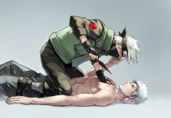 Rule 34 | 2boys, crying, crying with eyes open, grey hair, hand on another&#039;s cheek, hand on another&#039;s chest, hand on another&#039;s face, hatake kakashi, highres, kunai, linjie, male focus, mask, multiple boys, naruto (series), naruto shippuuden, simple background, sitting, sitting on person, spiked hair, straddling, tears, topless male, uchiha obito, weapon, white hair