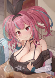 Rule 34 | 1girl, azur lane, bare shoulders, between breasts, black bra, black hairband, black sweater, bra, bra peek, breast rest, breasts, bremerton (azur lane), bremerton (day-off date) (azur lane), bubble tea, cleavage, clothes pull, dress, grey hair, hairband, hand on own cheek, hand on own face, highres, huge breasts, inari jin, indoors, jacket, long hair, looking at viewer, multicolored hair, no mole, off-shoulder sweater, off shoulder, official alternate costume, open clothes, open jacket, pink eyes, pink hair, sitting, solo, star (symbol), star print, strap between breasts, streaked hair, sweater, sweater dress, sweater pull, twintails, two-tone hair, underwear, white bag, white jacket, wooden floor