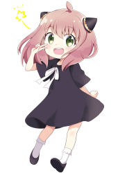 Rule 34 | :d, ahoge, anya (spy x family), black dress, black footwear, blush, bobby socks, child, commentary request, dress, full body, green eyes, hair between eyes, hand up, looking at viewer, massala, open mouth, pink hair, romaji commentary, shoe soles, shoes, short sleeves, simple background, smile, socks, spy x family, star (symbol), teeth, upper teeth only, v, white background, white socks