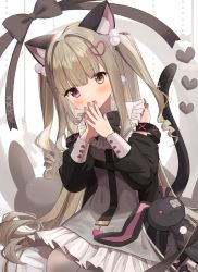 Rule 34 | 1girl, animal ears, black bow, black jacket, bow, brown eyes, brown hair, brown pantyhose, cat ears, cat girl, cat tail, commentary request, commission, dress, feet out of frame, frilled dress, frills, goma (u p), grey dress, heart, heterochromia, highres, jacket, long hair, long sleeves, nail polish, off shoulder, open clothes, open jacket, original, pantyhose, parted lips, pink nails, puffy long sleeves, puffy sleeves, red eyes, sitting, skeb commission, sleeveless, sleeveless dress, solo, steepled fingers, stuffed animal, stuffed rabbit, stuffed toy, tail, two side up, very long hair