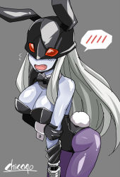 Rule 34 | 1girl, alternate costume, animal ears, bare shoulders, blue skin, blush, bow, bowtie, breasts, chicago-x, cleavage, colored skin, detached collar, digimon, digimon (creature), embarrassed, fake animal ears, fang, flying sweatdrops, grey background, grey hair, holding own arm, ladydevimon, large breasts, leotard, long hair, mask, open mouth, pantyhose, playboy bunny, purple pantyhose, rabbit ears, rabbit tail, red eyes, shiny clothes, shiny skin, sidelocks, simple background, solo, spoken blush, tail, wrist cuffs