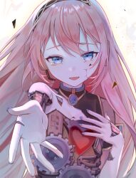 Rule 34 | 1girl, absurdres, blue eyes, blue nails, cracked skin, crying, crying with eyes open, facing viewer, foreshortening, hand on own chest, headphones, heart, highres, long hair, looking at viewer, mechanical parts, megurine luka, musical note, open mouth, pink hair, reaching, reaching towards viewer, robot, solo, tears, upper body, vocaloid, vs0mr, wander last (vocaloid), white background