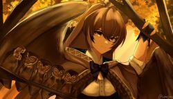 Rule 34 | 1girl, ahoge, autumn, autumn leaves, bird, bird girl, bird wings, branch, brown capelet, brown cloak, brown eyes, brown hair, capelet, cloak, feather hair ornament, feathers, fingernails, gloves, hair ornament, hairclip, hieroglyphics, highres, hololive, hololive english, long hair, looking at viewer, multicolored hair, nanashi mumei, owl, partially fingerless gloves, ponytail, shirt, smile, sohmajaee, streaked hair, very long hair, virtual youtuber, white shirt, wings