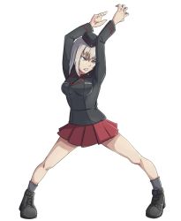 Rule 34 | 1girl, acchan, ankle boots, arms up, black footwear, black hat, black jacket, blue eyes, boots, commentary, dress shirt, fighting stance, frown, full body, garrison cap, girls und panzer, grey hair, grimace, hat, itsumi erika, jacket, kuromorimine military uniform, long sleeves, looking to the side, medium hair, military, military hat, military uniform, miniskirt, pleated skirt, red shirt, red skirt, shirt, simple background, skirt, socks, solo, standing, the king of fighters, uniform, white background, wing collar, yagami iori