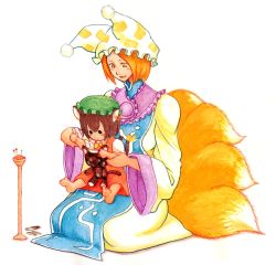 Rule 34 | 2girls, animal ears, barefoot, blonde hair, brown eyes, brown hair, cat, cat ears, cat tail, chen, child, colored pencil (medium), dress, ear piercing, earrings, female focus, fox tail, hat, hat with ears, highres, jewelry, multiple girls, multiple tails, needle, open mouth, piercing, red eyes, sewing, sewing kit, shirt, short hair, sitting, sitting on lap, sitting on person, smile, solid circle eyes, stuffed animal, stuffed cat, stuffed toy, tabard, tail, terrajin, touhou, traditional media, white dress, yakumo ran, yellow eyes