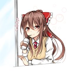 Rule 34 | 1girl, alternate costume, amagi (amagi626), beige vest, bow, breasts, brown eyes, brown hair, cardigan vest, commentary request, contemporary, cup, drinking straw, frilled bow, frills, hair between eyes, hair bow, hakurei reimu, hand up, highres, holding, holding cup, lens flare, long hair, long sleeves, looking at viewer, medium breasts, necktie, red bow, red necktie, school uniform, shirt, sidelocks, simple background, smile, solo, touhou, upper body, vest, white background, white shirt, window