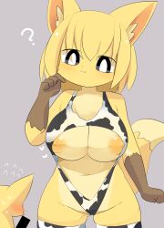 Rule 34 | 1boy, 1girl, :3, ?, animal ears, animal print, bar censor, black eyes, blonde hair, blush, breasts, bright pupils, censored, closed mouth, commentary request, cow print, cowboy shot, fox boy, fox ears, fox girl, fox tail, furry, furry female, height difference, highres, large breasts, lets0020, medium bangs, medium hair, nipple slip, nipples, original, print swimsuit, print thighhighs, simple background, slingshot swimsuit, smile, solo focus, swimsuit, tail, thighhighs, white pupils