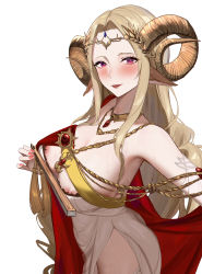 Rule 34 | 1girl, absurdres, areola slip, arknights, armpits, bare shoulders, blonde hair, breasts, goat girl, goat horns, hand fan, highres, holding, holding fan, horns, large breasts, long hair, looking at viewer, mature female, nail polish, nipples, sawaki ken, simple background, sleeveless, smile, solo, twin empresses (arknights), white background