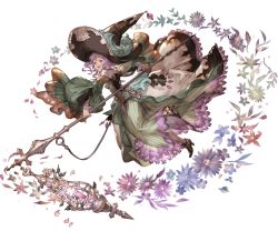 Rule 34 | 10s, 1girl, blue eyes, detached sleeves, dress, flower, full body, gem, granblue fantasy, hat, high heels, holding, jewelry, lennah, minaba hideo, official art, open mouth, petals, purple hair, simple background, solo, staff, tiara, transparent background, white background, wide sleeves, witch hat