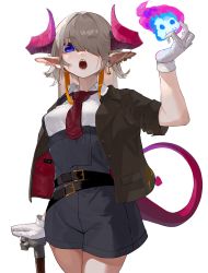 Rule 34 | 1girl, absurdres, belt, blue eyes, breasts, cane, earrings, gloves, hair over one eye, highres, horns, jewelry, long hair, looking at viewer, necktie, open mouth, original, pointy ears, scar, sharp teeth, simple background, solo, tail, teeth, thick eyebrows, white background, white gloves, yunimaru