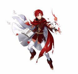 Rule 34 | 1boy, azelle (fire emblem), book, boots, brown footwear, cape, coat, fire, fire emblem, fire emblem: genealogy of the holy war, fire emblem heroes, holding, holding book, nintendo, official art, one eye closed, open mouth, pants, red cape, red coat, red eyes, red hair, tobi (kotetsu), torn cape, torn clothes, white pants