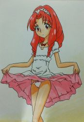 Rule 34 | 1girl, absurdres, akagi towa, ashigaki radar, blush, bow, bow panties, butterfly necklace, clothes lift, dress, dress lift, go! princess precure, hairband, highres, jewelry, long hair, looking at viewer, necklace, panties, pink panties, precure, puffy sleeves, red eyes, red hair, short sleeves, standing, two-tone background, underwear, white background, white dress, yellow background