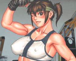 Rule 34 | 1girl, :o, ;d, ;o, animated, animated gif, arm up, black gloves, blush, bouncing breasts, bra, breasts, brown hair, bursting breasts, buttons, clenched hand, closed eyes, covered erect nipples, daimon akiko, embarrassed, female focus, fingerless gloves, flexing, game cg, gif artifacts, gloves, grin, hair between eyes, headband, large breasts, lingerie, lips, looking at viewer, motion blur, muscular, naughty face, nipples, one eye closed, open bra, open clothes, open mouth, photo background, ponytail, popped button, scrunchie, shirt, short hair, sidelocks, smile, sports bra, straining buttons, surprised, taisen hot gimmick, taisen hot gimmick 4ever, tears, tomboy, torn clothes, tsukasa jun, underwear, upper body, wardrobe malfunction, white bra, wince, wink