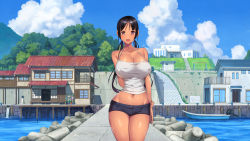 Rule 34 | 1girl, aomizuan, arm behind back, bare shoulders, black hair, blush, boat, breasts, cleavage, cloud, covered erect nipples, cowboy shot, day, female focus, grass, groin, happy, highres, house, koumi-jima: shuu 7 de umeru mesu-tachi, large breasts, legs, legs together, long hair, looking at viewer, midriff, navel, open mouth, original, outdoors, pink eyes, river, short shorts, shorts, sky, smile, solo, standing, swept bangs, tan, thighs, tree, twintails, water, watercraft