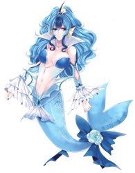 Rule 34 | 1girl, asame21, bad id, bad pixiv id, blue eyes, blue flower, blue hair, blue nails, bracelet, breasts, cleavage, creatures (company), fins, flower, full body, game freak, gen 1 pokemon, glint, head fins, highres, jewelry, large breasts, long hair, looking at viewer, mermaid, monster girl, nail polish, navel, necklace, nintendo, personification, pokemon, scales, smile, solo, vaporeon