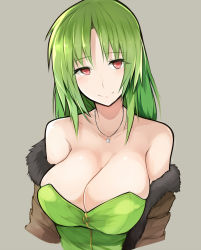 Rule 34 | 1girl, breasts, cleavage, cropped torso, fate/apocrypha, fate (series), green hair, grey background, half-closed eyes, head tilt, highres, jewelry, large breasts, long hair, looking at viewer, necklace, parted bangs, pendant, red eyes, rikudou reika, simple background, smile, solo, split mouth, upper body, yuzuki himuka