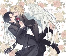 Rule 34 | 2boys, angel wings, black dress, black footwear, black hair, black jacket, black pants, black suit, blonde hair, closed eyes, collared shirt, commentary request, cross, dress, english text, facing another, feathered wings, feet out of frame, floral background, formal, full body, hand on another&#039;s cheek, hand on another&#039;s face, highres, interlocked fingers, invisible chair, jacket, julusmole bayhan, kiss, kissing cheek, long sleeves, male focus, meremero, multiple boys, neck ribbon, own hands together, pants, praying, priest, red ribbon, ribbon, shirt, shoes, sitting, suit, thomas werner, touma no shinzou, white shirt, white wings, wings, yaoi