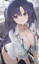 Rule 34 | 1girl, absurdres, black panties, black skirt, blue archive, blush, breasts, chair, cleavage, clothes pull, collarbone, commentary, gnns, halo, highres, indoors, large breasts, leaning forward, light blush, long hair, looking at viewer, necktie, open collar, panties, pleated skirt, purple eyes, purple hair, shirt, skirt, skirt pull, sleeves rolled up, solo, sweat, two side up, underwear, undone necktie, v arms, very long hair, wavy mouth, white shirt, wrinkled fabric, yuuka (blue archive)