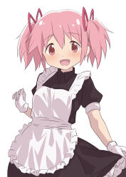 Rule 34 | 1girl, absurdres, hateri, highres, kaname madoka, looking at viewer, mahou shoujo madoka magica, open mouth, pink eyes, pink hair, short twintails, simple background, smile, solo, twintails