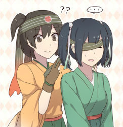 Rule 34 | ..., 10s, 2girls, ?, blue hair, brown eyes, brown hair, closed eyes, gloves, hachimaki, headband, hiryuu (kancolle), japanese clothes, kantai collection, multiple girls, open mouth, side ponytail, smile, souryuu (kancolle), sweatdrop, toruglose, twintails, tying headband, you&#039;re doing it wrong