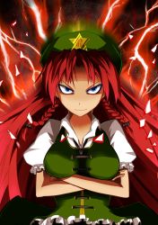 Rule 34 | 1girl, absurdres, blue eyes, braid, breasts, china dress, chinese clothes, crossed arms, dress, electricity, female focus, hat, highres, hong meiling, long hair, re mortal, red hair, serious, solo, tetsua rei, touhou, twin braids