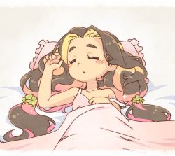 Rule 34 | bed, bed sheet, blonde hair, blush, breasts, brown hair, camisole, chestnut mouth, closed eyes, collarbone, enuma (uma-festival), frilled pillow, frills, gradient hair, hand on own chest, hand up, idolmaster, idolmaster cinderella girls, kusakabe wakaba, long hair, low twintails, multicolored hair, parted bangs, pillow, pink hair, scrunchie, sleeping, small breasts, solo, strap slip, striped clothes, striped scrunchie, thick eyebrows, twintails