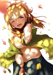 Rule 34 | 1girl, ;), amagi (volfuji), autumn leaves, beanie, beanie hat, blue skirt, blush, breasts, brown eyes, brown hair, falling leaves, female focus, floating hair, hair between eyes, hand on own knee, hat, highres, kunikida hanamaru, large breasts, leaf, light brown hair, long hair, looking at viewer, love live!, love live! sunshine!!, miniskirt, nail, nail polish, one eye closed, parted lips, pink nails, plaid, plaid skirt, pleated, pleated skirt, simple background, skirt, smile, solo, sweater, white background, white hat, white sweater, wink, yellow eyes
