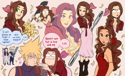 Rule 34 | 1boy, 1girl, aerith gainsborough, aerith gainsborough (red dress), braid, breasts, brown hair, chair, cloud strife, commentary, dress, english commentary, final fantasy, final fantasy vii, folding chair, jodocho, lips, long hair, pink dress, red dress, square enix, turtleneck, wall market