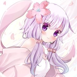 Rule 34 | 1girl, bare shoulders, breasts, cleavage, colored eyelashes, flower, from side, hair flower, hair ornament, headset, heart, heart-shaped pupils, highres, long hair, looking at viewer, looking to the side, low twintails, off shoulder, petals, pink hair, purple eyes, shimashiro itsuki, signature, small breasts, solo, strapless, symbol-shaped pupils, tareme, twintails, upper body, vocaloid, voiceroid, yuzuki yukari, yuzuki yukari (onn)