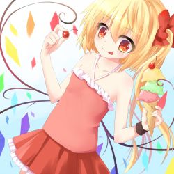 Rule 34 | 1girl, bad id, bad pixiv id, blonde hair, cherry, flandre scarlet, flat chest, food, fruit, hair ribbon, highres, ice cream, red eyes, ribbon, side ponytail, solo, tongue, touhou, transistor, wings