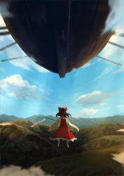 Rule 34 | 1girl, aircraft, airship, blue sky, blurry, bow, brown hair, day, depth of field, detached sleeves, flying, from behind, full body, gohei, hair bow, hakurei reimu, highres, hsin, long hair, mountain, palanquin ship, ponytail, scenery, skirt, skirt set, sky, solo, touhou, wide shot, wind