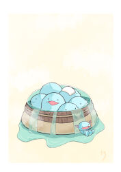 Rule 34 | absurdres, animal focus, bathtub, blue skin, border, colored skin, commentary request, creatures (company), evolutionary line, game freak, gen 2 pokemon, highres, nintendo, no humans, open mouth, pokemon, pokemon (creature), quagsire, simple background, smile, solid oval eyes, towel, towel on head, uroillustration, water, white background, white border, wooper