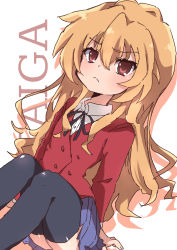 Rule 34 | 1girl, aisaka taiga, akkai (0343), arm support, black ribbon, black thighhighs, blazer, blue skirt, brown eyes, brown hair, buttons, character name, closed mouth, collared shirt, commentary request, double-breasted, frown, hair between eyes, highres, jacket, long hair, long sleeves, looking at viewer, neck ribbon, oohashi high school uniform, pleated skirt, red jacket, ribbon, school uniform, shirt, simple background, sitting, skirt, solo, thighhighs, toradora!, white background, white shirt
