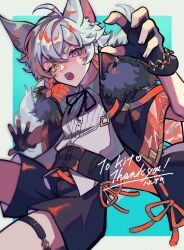 Rule 34 | 1boy, animal ear fluff, animal ears, aqua background, black gloves, black shorts, border, braid, claw pose, commentary request, commission, english text, fingerless gloves, fur-trimmed jacket, fur trim, gloves, grey hair, hand up, haru4aki, heterochromia, high collar, highres, jacket, looking at viewer, male focus, multicolored hair, open mouth, orange hair, orange jacket, original, purple eyes, shirt, shorts, side braid, signature, simple background, skeb commission, solo, thigh strap, two-tone hair, white shirt, yellow eyes