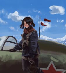 Rule 34 | 1girl, aircraft, airplane, androgynous, black hair, blue jacket, blue sky, blush, career mammoth, chest harness, cloud, cloudy sky, cockpit, flag, flagpole, fur collar, glass cockpit, gloves, grey eyes, harness, hearts of iron, highres, jacket, messy hair, military vehicle, oil painting (medium), open cockpit, painting (medium), pilot, pilot uniform, red flag, red star, short hair, sky, solo, soviet, soviet air force, star (symbol), the new order: last days of europe, traditional media
