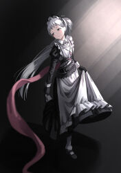 Rule 34 | 1girl, absurdres, ambience synesthesia, apron, arknights, averting eyes, black dress, black footwear, black gloves, closed mouth, commentary request, dress, flying sweatdrops, frilled apron, frills, gloves, grey eyes, grey hair, head tilt, highres, irene (arknights), juliet sleeves, kimsuwan2013, long hair, long sleeves, looking to the side, pantyhose, ponytail, puffy sleeves, shoes, solo, standing, standing on one leg, very long hair, white apron, white pantyhose