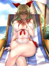 Rule 34 | 1girl, blush, breasts, breasts apart, center opening, chair, covered erect nipples, curvy, elf, elsword, female focus, fi-san, green hair, hair ribbon, highres, large breasts, long hair, looking at viewer, lounge chair, navel, nipples, one-piece swimsuit, pointy ears, rena erindel, ribbon, see-through, sitting, smile, solo, swimsuit, wet, wide hips, yellow eyes