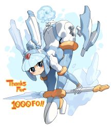Rule 34 | air bubble, andorlier, android, armor, bent over, blue armor, blue eyes, blue footwear, blush, boots, bubble, commentary request, crop top, fairy leviathan (mega man), forehead jewel, helmet, high heel boots, high heels, highres, holding, holding polearm, holding weapon, joints, looking at viewer, mechanical parts, mega man (series), mega man zero (series), milestone celebration, polearm, robot girl, robot joints, simple background, spear, thigh boots, weapon, white background