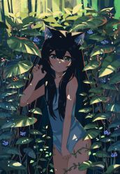Rule 34 | 1girl, animal ears, black hair, blush, bush, cat ears, cat girl, commentary request, cowboy shot, hair between eyes, hand up, highres, kgt (pixiv12957613), leaf, long hair, looking at viewer, nature, one-piece swimsuit, original, parted lips, solo, standing, swimsuit, very long hair