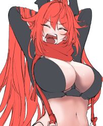 Rule 34 | 1girl, arms behind head, breasts, chaps, chikabe, cleavage, closed eyes, crop top, cropped jacket, goddess of victory: nikke, hair between eyes, headgear, highres, horns, large breasts, long hair, mechanical horns, navel, open mouth, red hair, red hood (nikke), red scarf, scarf, solo, unfinished, unzipped, very long hair, yawning, zipper