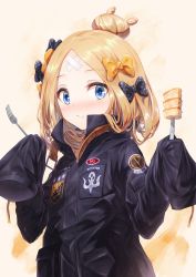 Rule 34 | 1girl, abigail williams (fate), abigail williams (traveling outfit) (fate), bad id, bad pixiv id, bae.c, black bow, black jacket, blonde hair, blue eyes, blush, bow, closed mouth, commentary request, crossed bandaids, fate/grand order, fate (series), food, fork, hair bow, hair bun, hands up, heroic spirit traveling outfit, highres, holding, holding fork, jacket, key, long hair, long sleeves, looking at viewer, official alternate costume, orange bow, parted bangs, polka dot, polka dot bow, single hair bun, sleeves past fingers, sleeves past wrists, solo, star (symbol), upper body