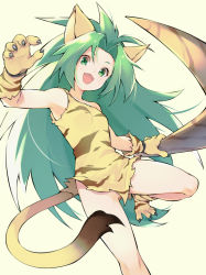 Rule 34 | 1girl, :d, animal ears, animal hands, bare shoulders, big hair, boomerang, breasts, cham cham, collarbone, fang, gloves, gluteal fold, green eyes, green hair, hair intakes, long hair, no panties, open mouth, paw gloves, paw shoes, samurai spirits, shoes, single strap, small breasts, smile, solo, tail, thighs, tiger ears, tiger girl, tiger tail, very long hair, youhei 64d