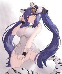 Rule 34 | 1girl, 3:, absurdres, animal ear fluff, animal ears, blue hair, blunt bangs, breasts, cleavage, clothing cutout, commission, covering privates, covering crotch, cowboy shot, dress, dress tug, from below, garter straps, hair ornament, heart cutout, heterochromia, highres, horns, kuzel (bonolangje), large breasts, original, paw pose, red eyes, ruthenium77&#039;s character, second-party source, short dress, sidelocks, simple background, single thighhigh, solo, tail, thighhighs, tiger ears, tiger tail, twintails, white dress, white thighhighs, wristband, yellow eyes