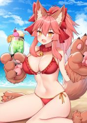 Rule 34 | 1girl, absurdres, animal ear fluff, animal ears, animal hands, bare shoulders, beach, bell, bikini, blue sky, blush, bow, breasts, cherry, cleavage, collar, collarbone, cup, day, drinking glass, drinking straw, fang, fate/extra, fate/grand order, fate (series), food, fox ears, fox girl, fox tail, fruit, gloves, hair between eyes, hair bow, highres, huge filesize, ice, ice cream, ice cream float, ice cube, jingle bell, large breasts, long hair, looking at viewer, navel, neko lu (wofud453), ocean, open mouth, orange (fruit), orange slice, outdoors, paw gloves, paw shoes, photoshop (medium), pink hair, ponytail, red bikini, red bow, shoes, sidelocks, sitting, sky, smile, sparkle, swimsuit, tail, tamamo (fate), tamamo cat (fate), thighs, wariza, yellow eyes