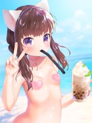 Rule 34 | 1girl, animal ears, beach, blush, breasts, brown hair, cat ears, commentary request, covered erect nipples, cup, day, drink, drinking glass, drinking straw, drinking straw in mouth, hair bun, heart, heart pasties, highres, long hair, looking at viewer, mouth hold, mutou mato, original, outdoors, pasties, purple eyes, sidelocks, single hair bun, sky, small breasts, smile, solo, upper body, v, water
